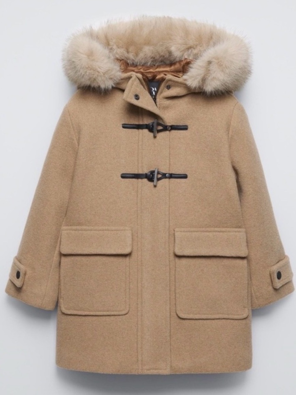 Zara Kids Tan Wool-Blend Toggle Coat with Faux Fur Hood 8-9